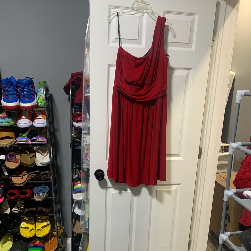 One shoulder draped red dress